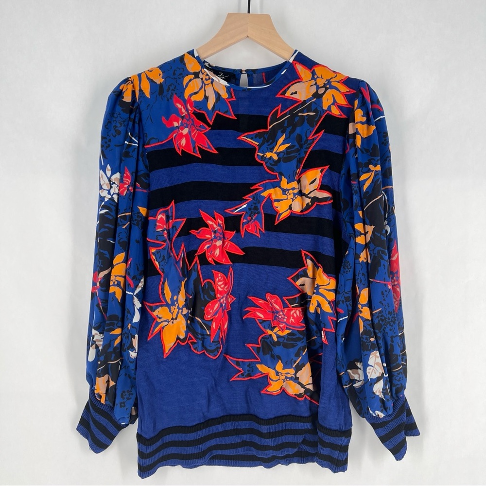 Vintage Diane Freis Abstract Patchwork Floral Knit Top Blue Striped Sheer Sleeve